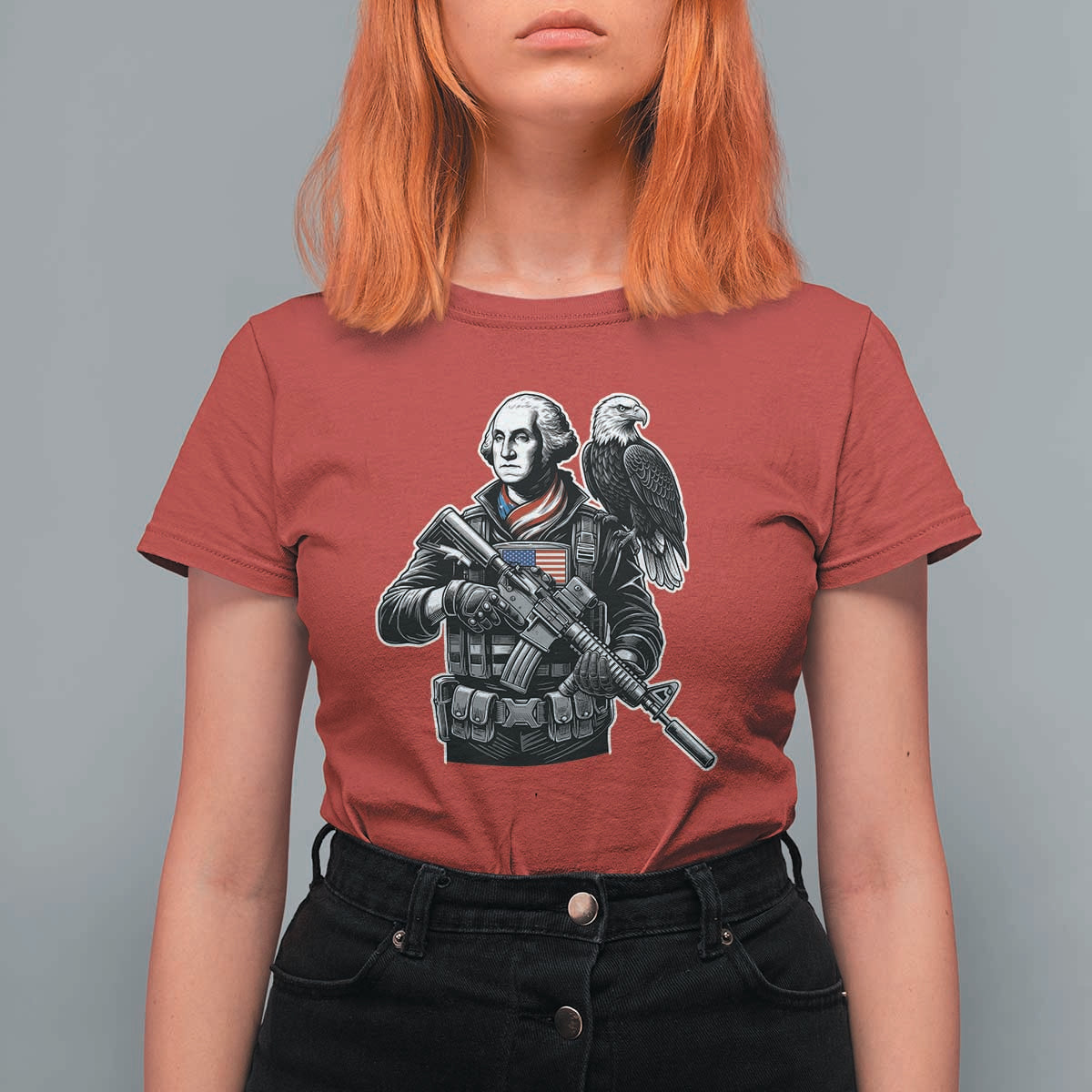 George Washington Tactical Soldier T Shirt For Women Military Patriot Bald Eagle USA Flag Gift