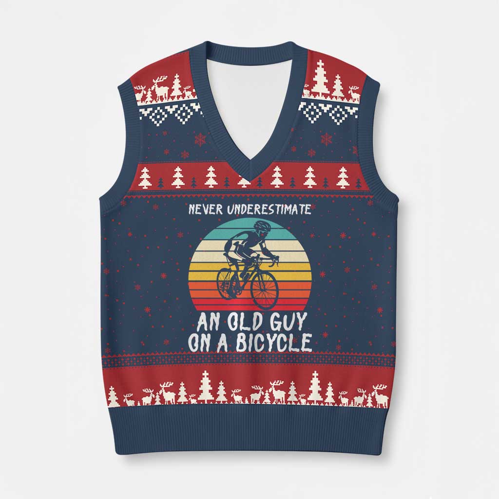 Never Underestimate An Old Guy On A Bicycle V-Neck Knit Sweater Vest Cycling Lover Gift
