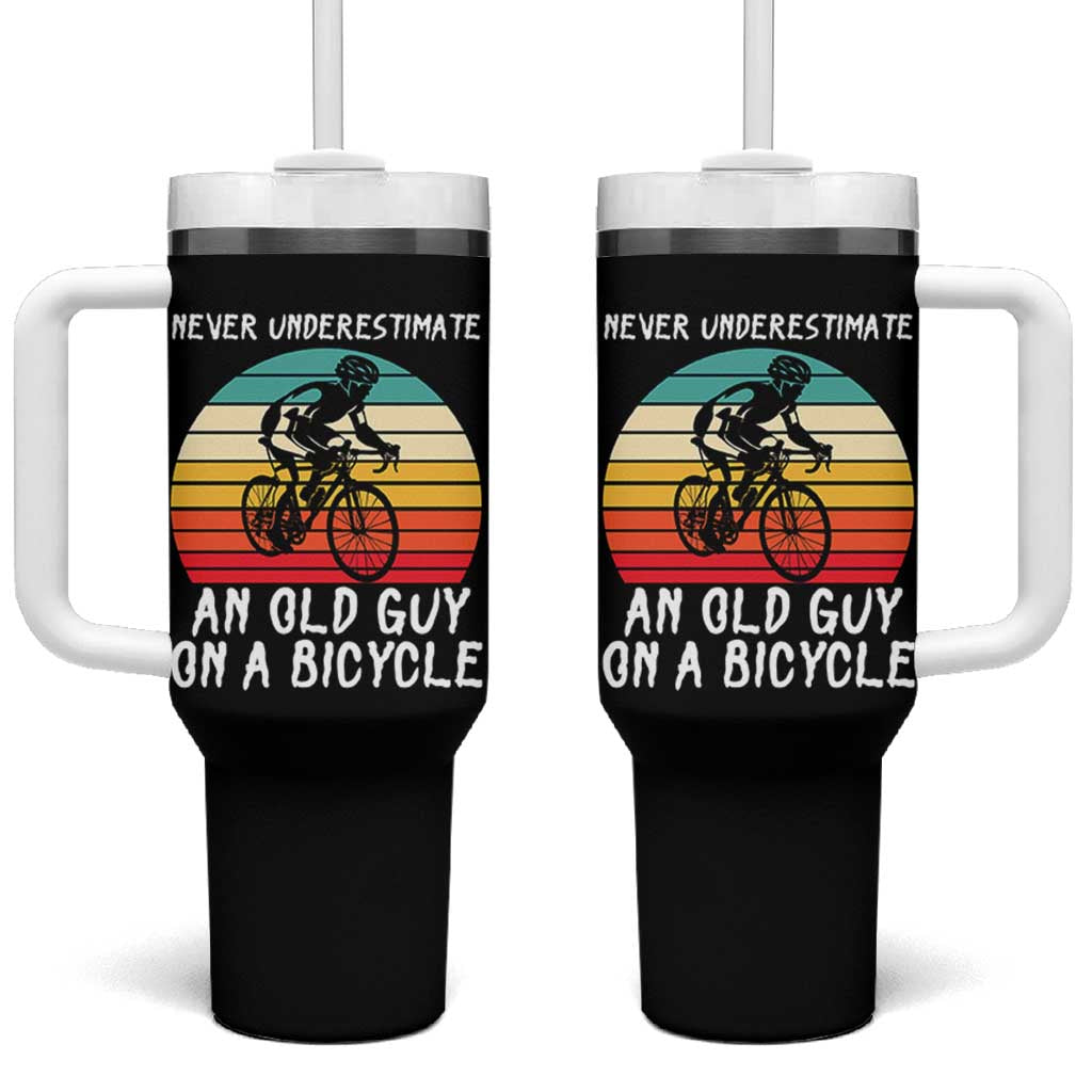 Never Underestimate An Old Guy On A Bicycle Tumbler With Handle Cycling Lover Gift