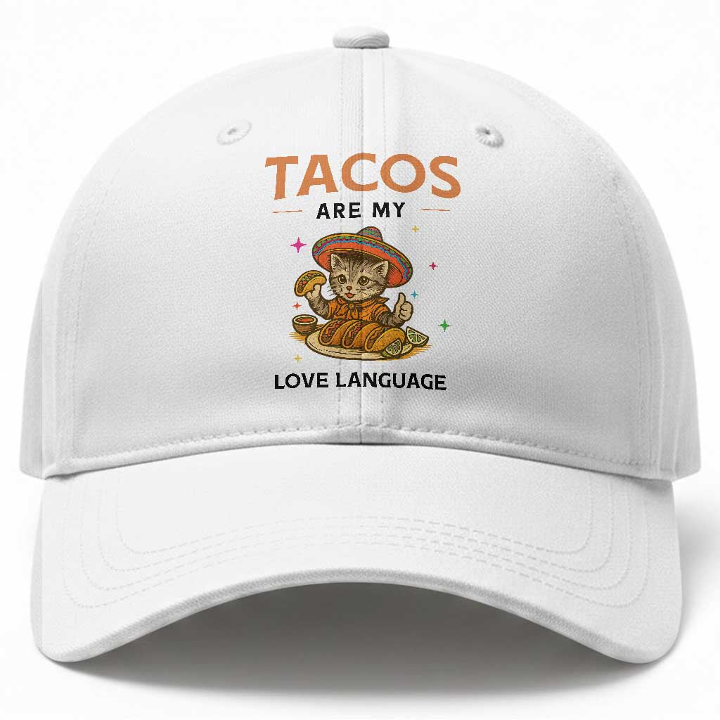 Tacos Are My Love Language Baseball Cap Funny Cat Eating Taco