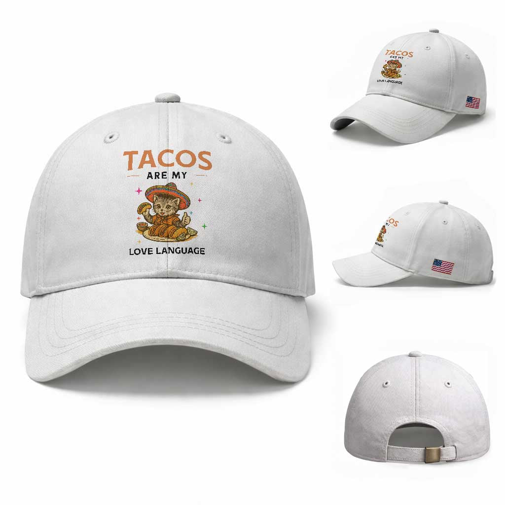 Tacos Are My Love Language Baseball Cap Funny Cat Eating Taco