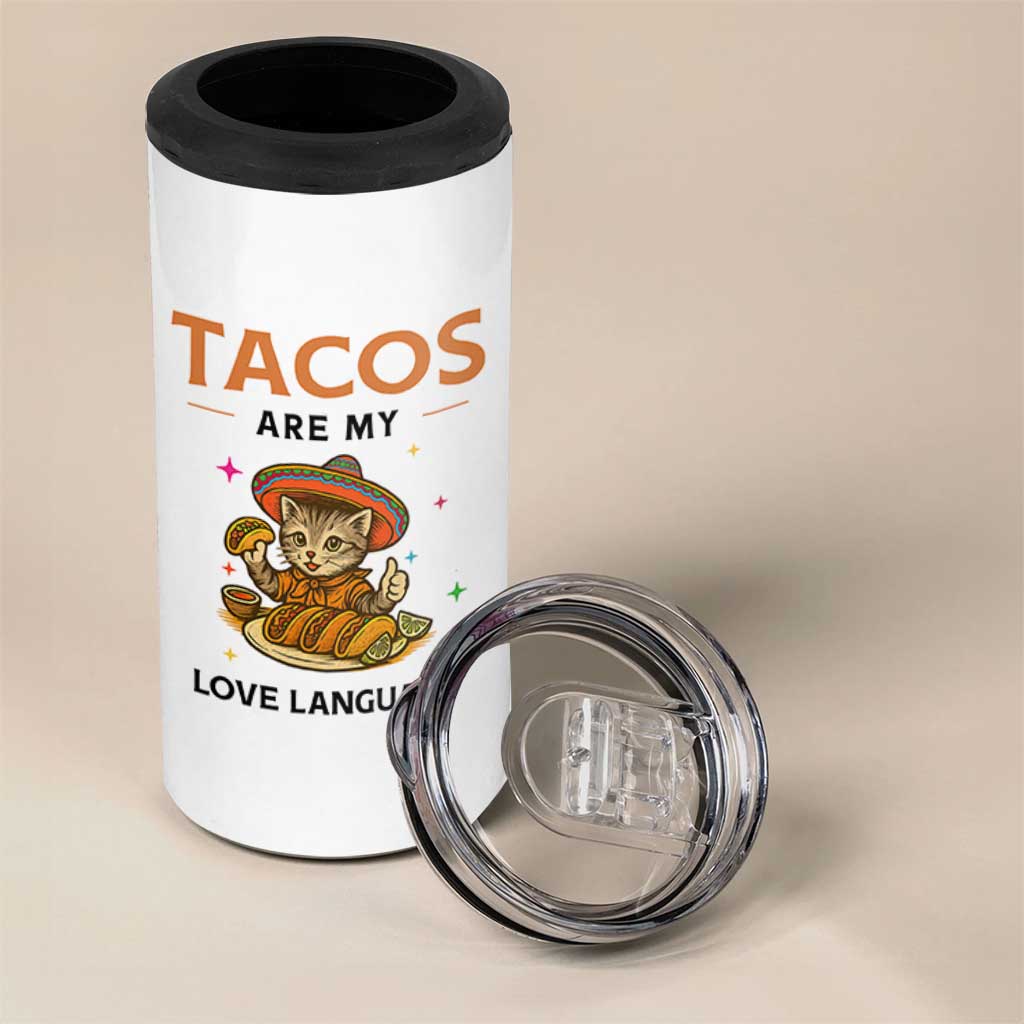 Tacos Are My Love Language 4 in 1 Can Cooler Tumbler Funny Cat Eating Taco