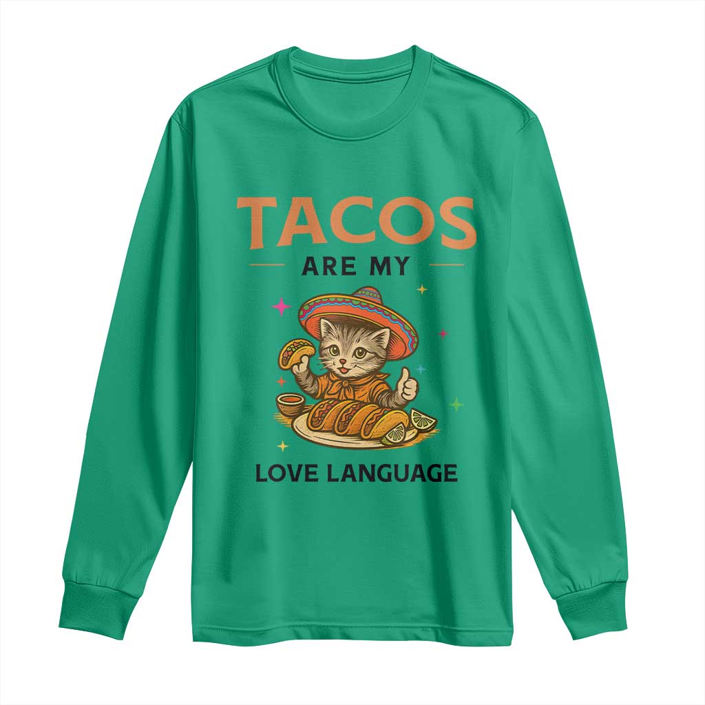 Tacos Are My Love Language Long Sleeve Shirt Funny Cat Eating Taco - Wonder Print Shop