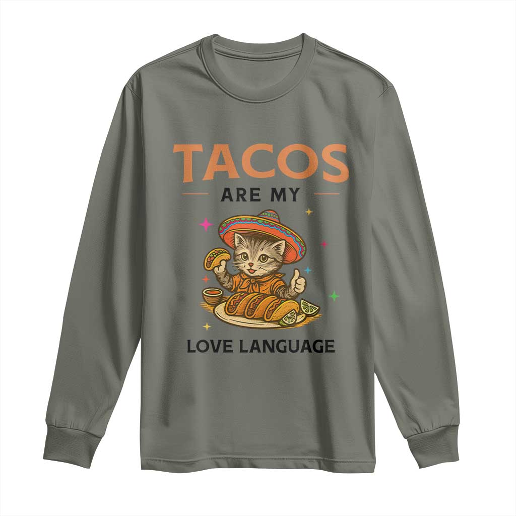 Tacos Are My Love Language Long Sleeve Shirt Funny Cat Eating Taco - Wonder Print Shop