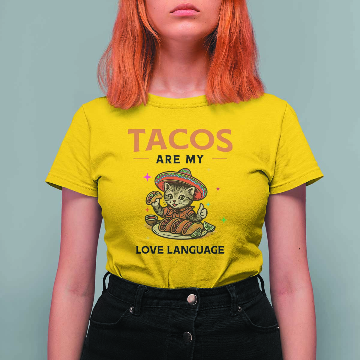 Tacos Are My Love Language T Shirt For Women Funny Cat Eating Taco - Wonder Print Shop