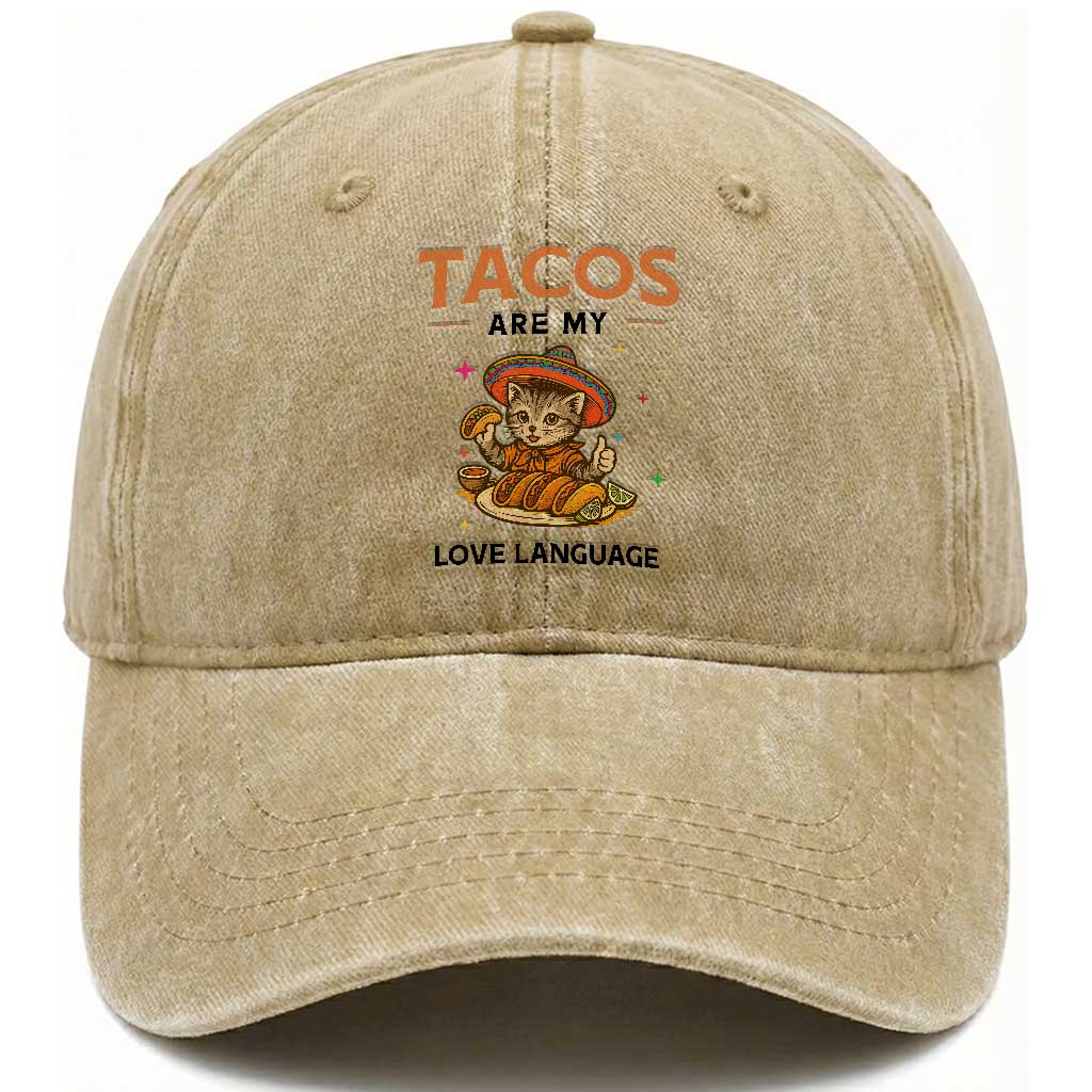 Tacos Are My Love Language Washed Cotton Baseball Cap Funny Cat Eating Taco