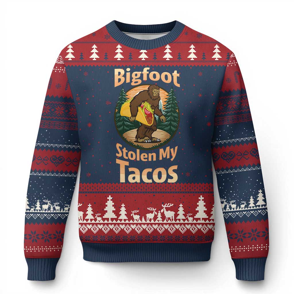 Funny Bigfoot Stole My Tacos Ugly Christmas Sweater Sasquatch Taco Lover