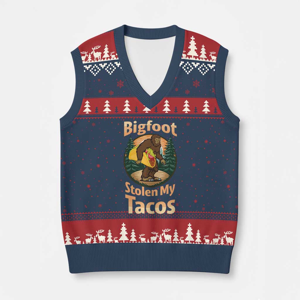Funny Bigfoot Stole My Tacos V-Neck Knit Sweater Vest Sasquatch Taco Lover