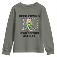 Keep Trying I Can Do This All Day Youth Sweatshirt Funny Hockey Goalie Cat Gift - Wonder Print Shop