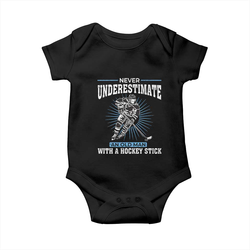 Never Underestimate An Old Man With A Hockey Stick Baby Onesie Ice Hockey Gift - Wonder Print Shop