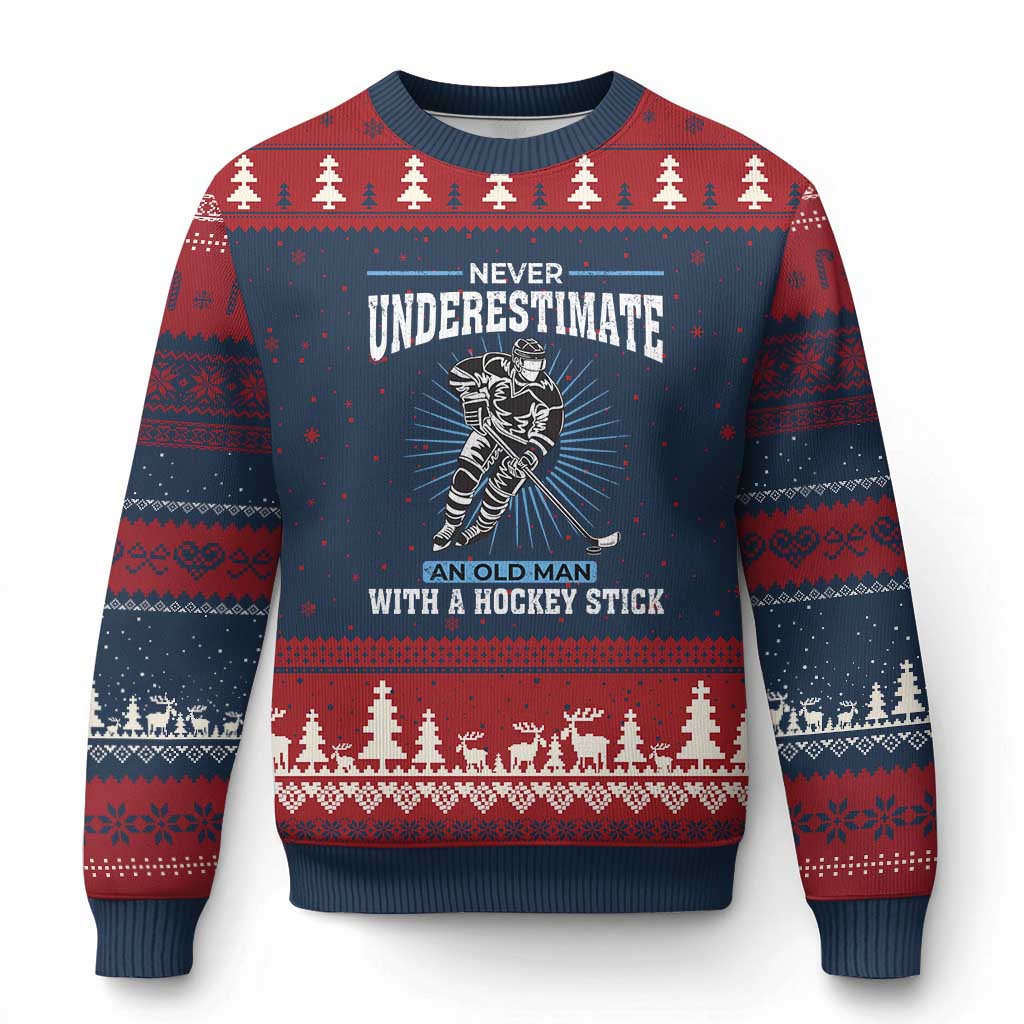 Never Underestimate An Old Man With A Hockey Stick Ugly Christmas Sweater Ice Hockey Gift - Wonder Print Shop