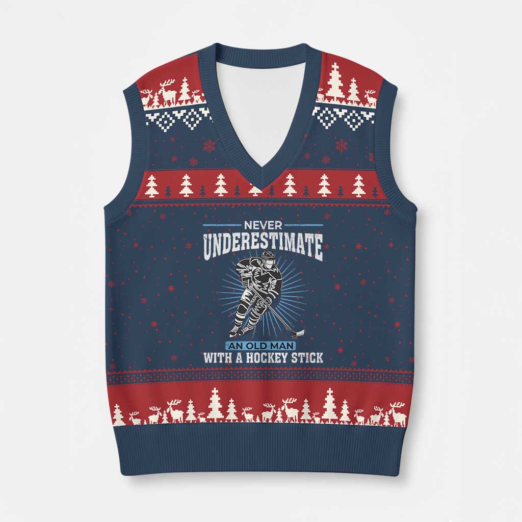 Never Underestimate An Old Man With A Hockey Stick V-Neck Knit Sweater Vest Ice Hockey Gift - Wonder Print Shop
