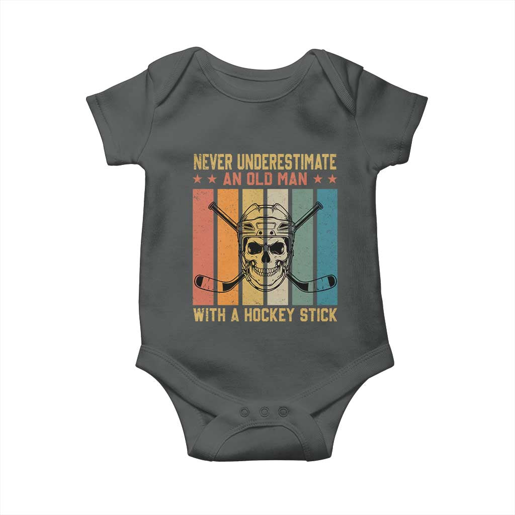 Retro Ice Hockey Player Baby Onesie Funny Never Underestimate An Old Man - Wonder Print Shop
