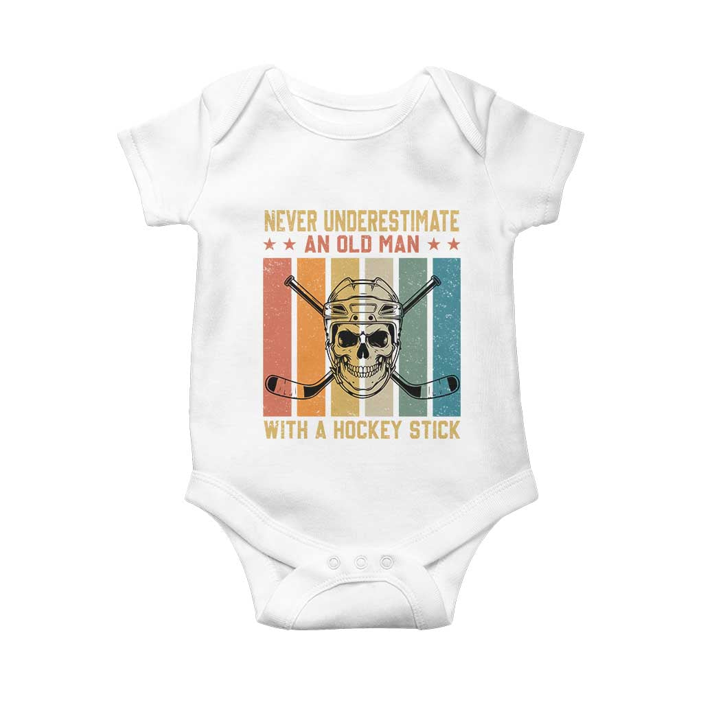Retro Ice Hockey Player Baby Onesie Funny Never Underestimate An Old Man - Wonder Print Shop
