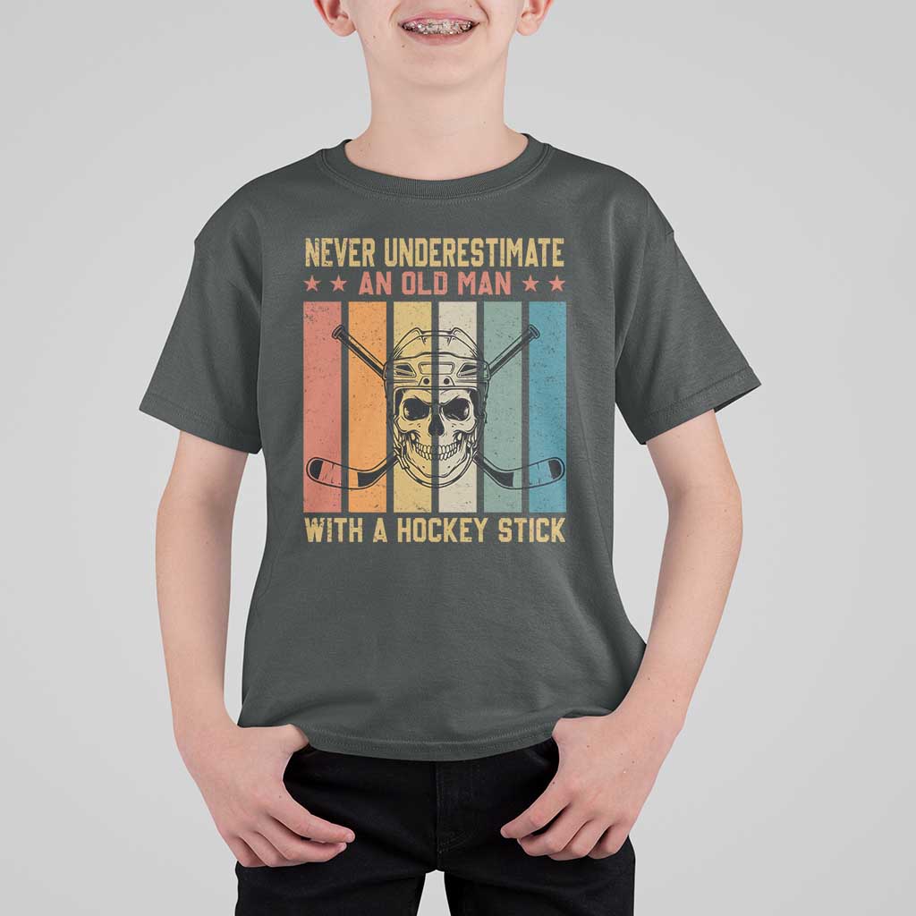 Retro Ice Hockey Player T Shirt For Kid Funny Never Underestimate An Old Man - Wonder Print Shop