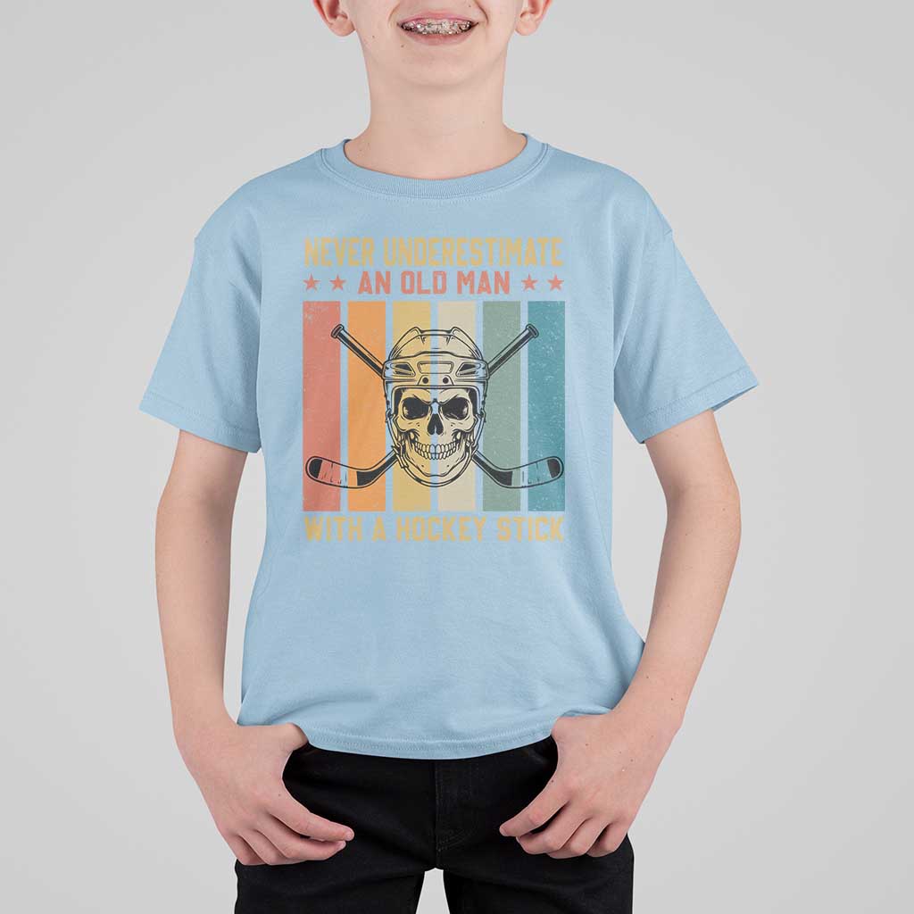 Retro Ice Hockey Player T Shirt For Kid Funny Never Underestimate An Old Man - Wonder Print Shop