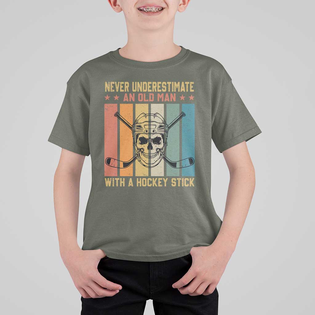 Retro Ice Hockey Player T Shirt For Kid Funny Never Underestimate An Old Man - Wonder Print Shop