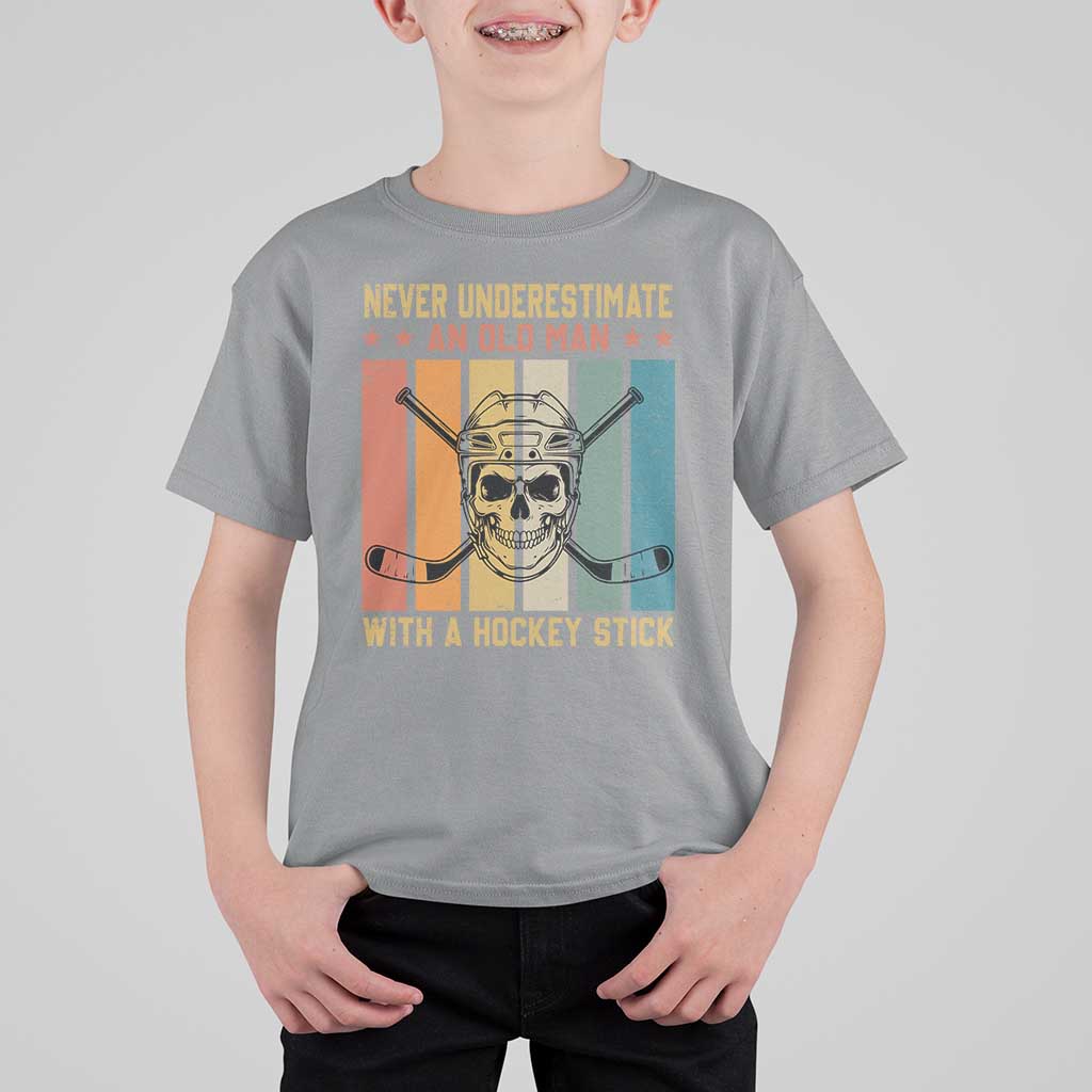 Retro Ice Hockey Player T Shirt For Kid Funny Never Underestimate An Old Man - Wonder Print Shop