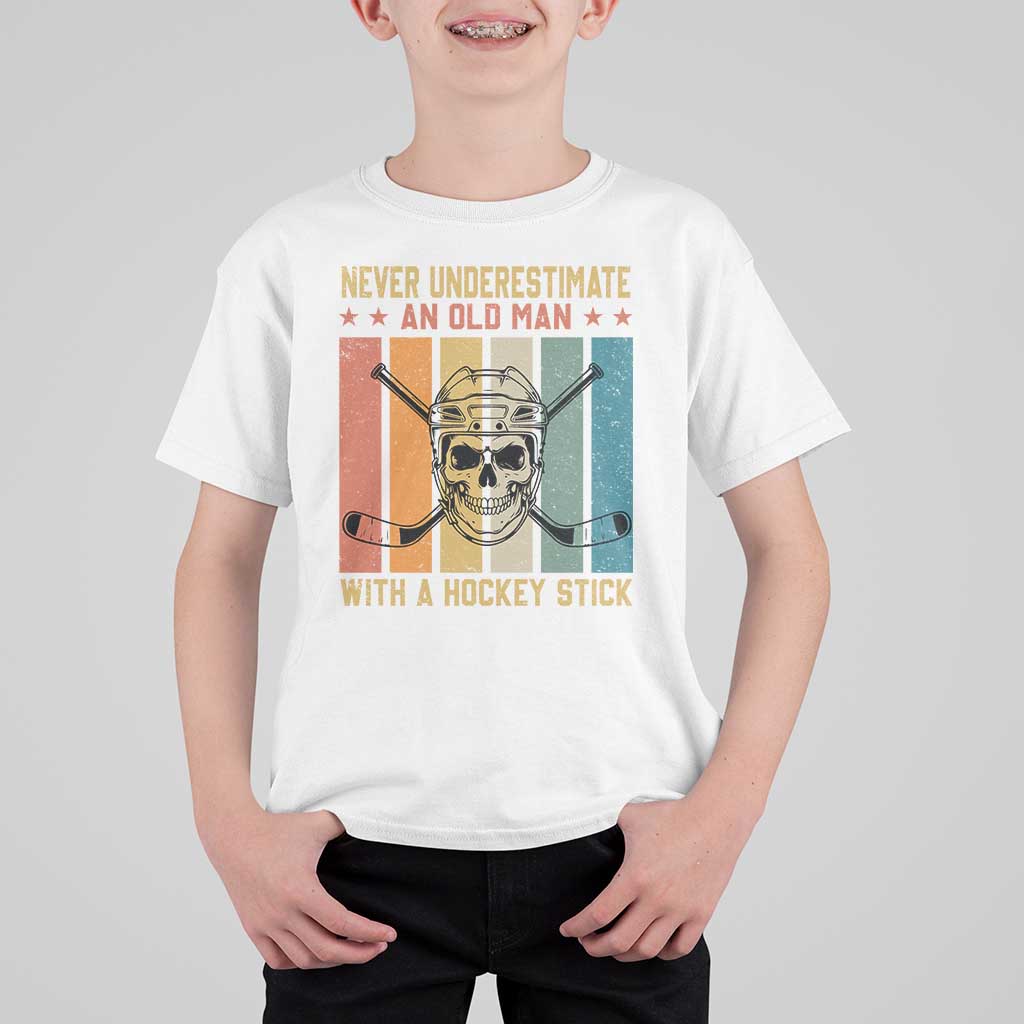 Retro Ice Hockey Player T Shirt For Kid Funny Never Underestimate An Old Man - Wonder Print Shop
