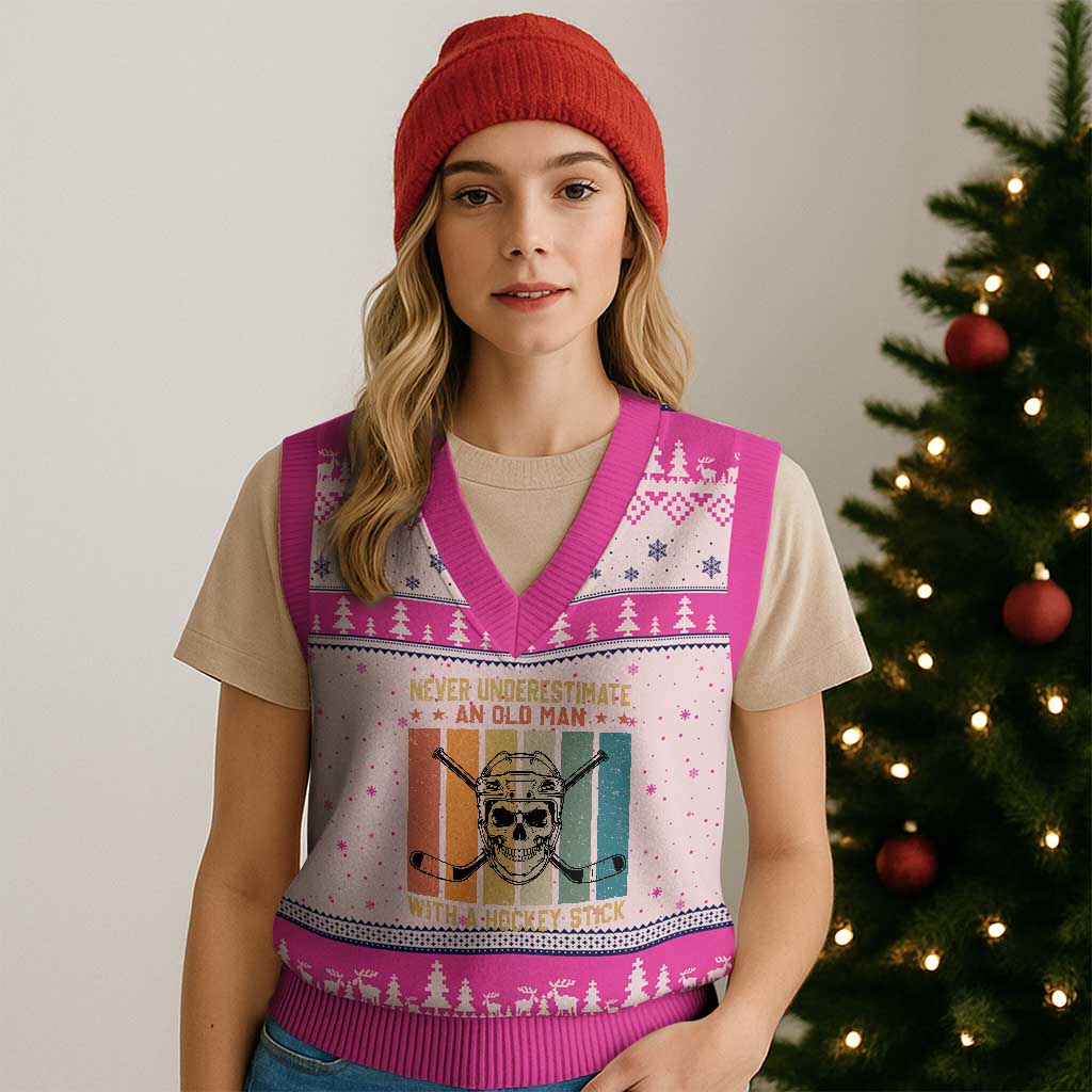 Retro Ice Hockey Player V-Neck Knit Sweater Vest Funny Never Underestimate An Old Man - Wonder Print Shop