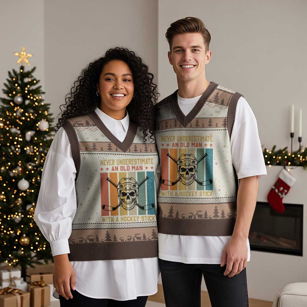 Retro Ice Hockey Player V-Neck Knit Sweater Vest Funny Never Underestimate An Old Man - Wonder Print Shop