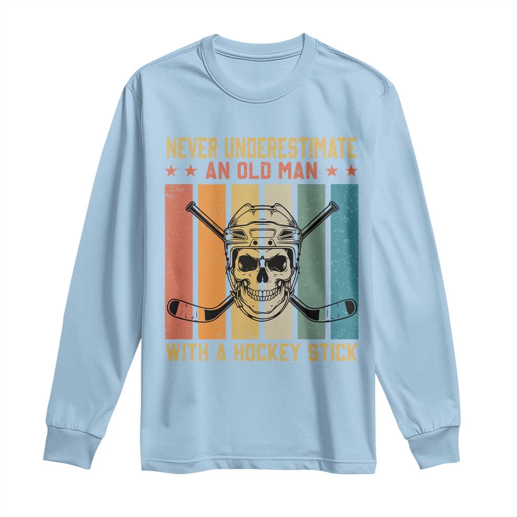 Retro Ice Hockey Player Long Sleeve Shirt Funny Never Underestimate An Old Man - Wonder Print Shop