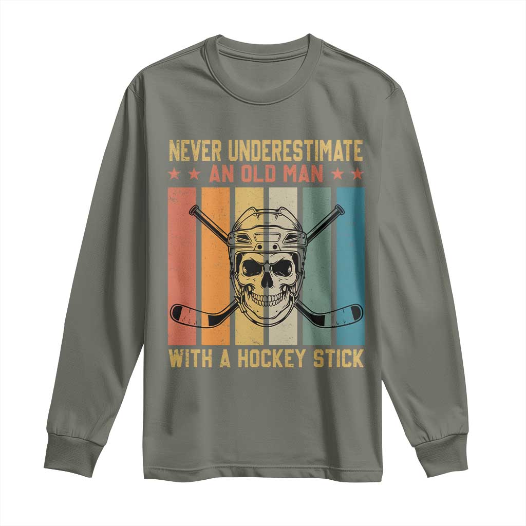 Retro Ice Hockey Player Long Sleeve Shirt Funny Never Underestimate An Old Man - Wonder Print Shop