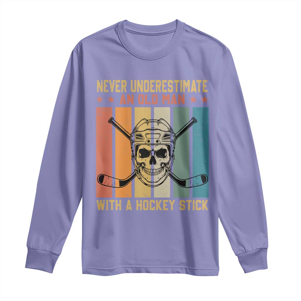 Retro Ice Hockey Player Long Sleeve Shirt Funny Never Underestimate An Old Man - Wonder Print Shop