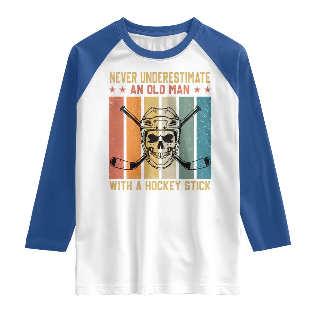 Retro Ice Hockey Player Raglan Shirt Funny Never Underestimate An Old Man - Wonder Print Shop