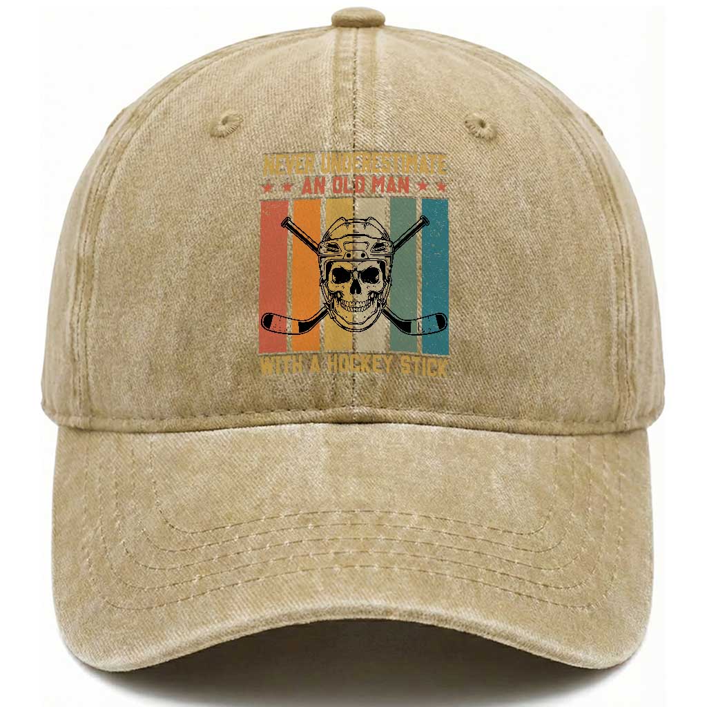 Retro Ice Hockey Player Washed Cotton Baseball Cap Funny Never Underestimate An Old Man
