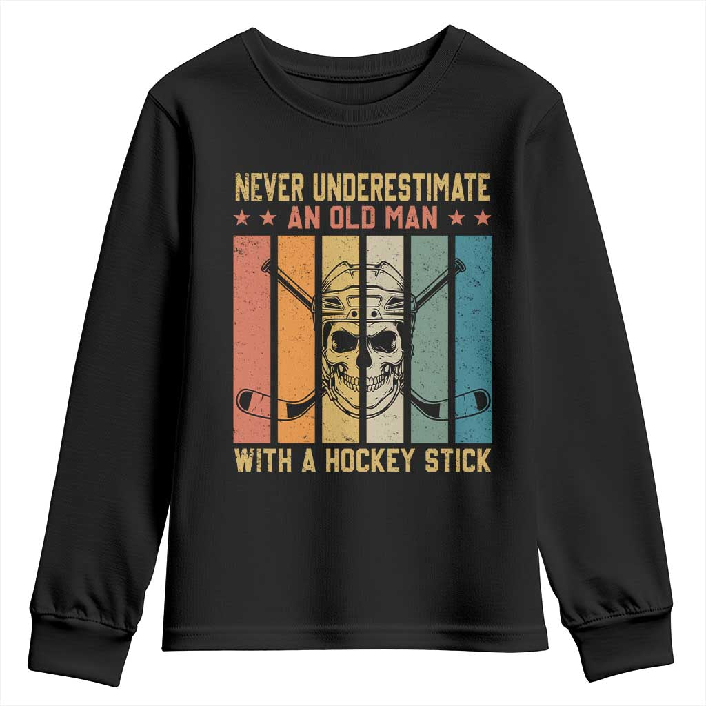Retro Ice Hockey Player Youth Sweatshirt Funny Never Underestimate An Old Man - Wonder Print Shop