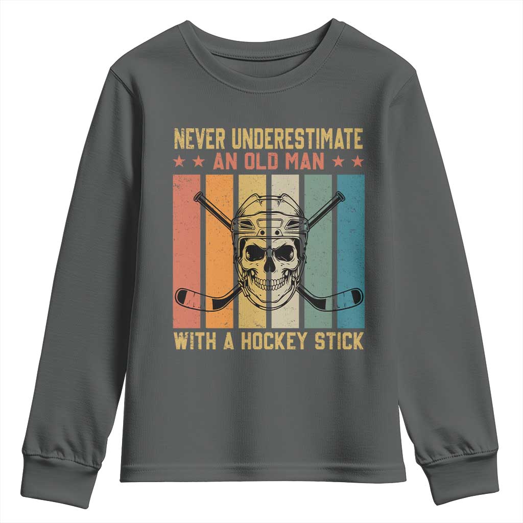 Retro Ice Hockey Player Youth Sweatshirt Funny Never Underestimate An Old Man - Wonder Print Shop