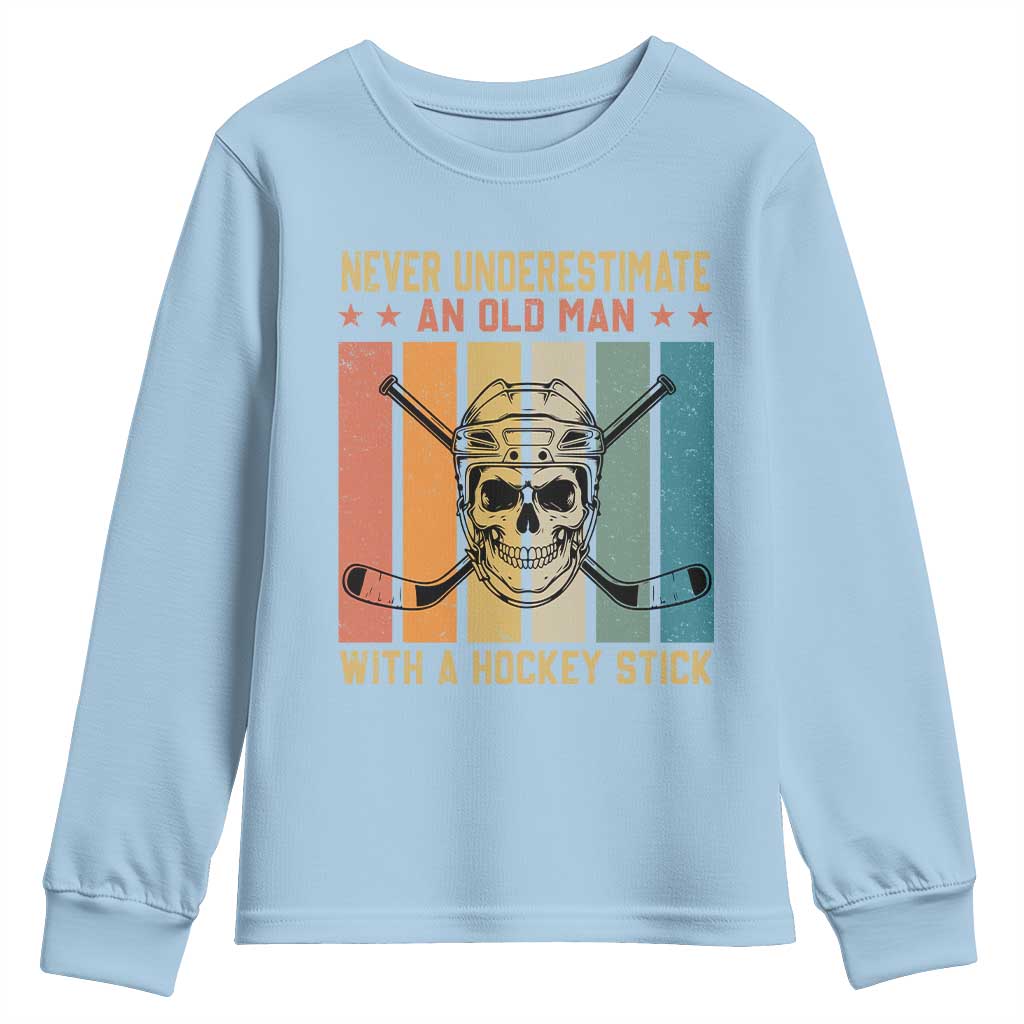 Retro Ice Hockey Player Youth Sweatshirt Funny Never Underestimate An Old Man - Wonder Print Shop