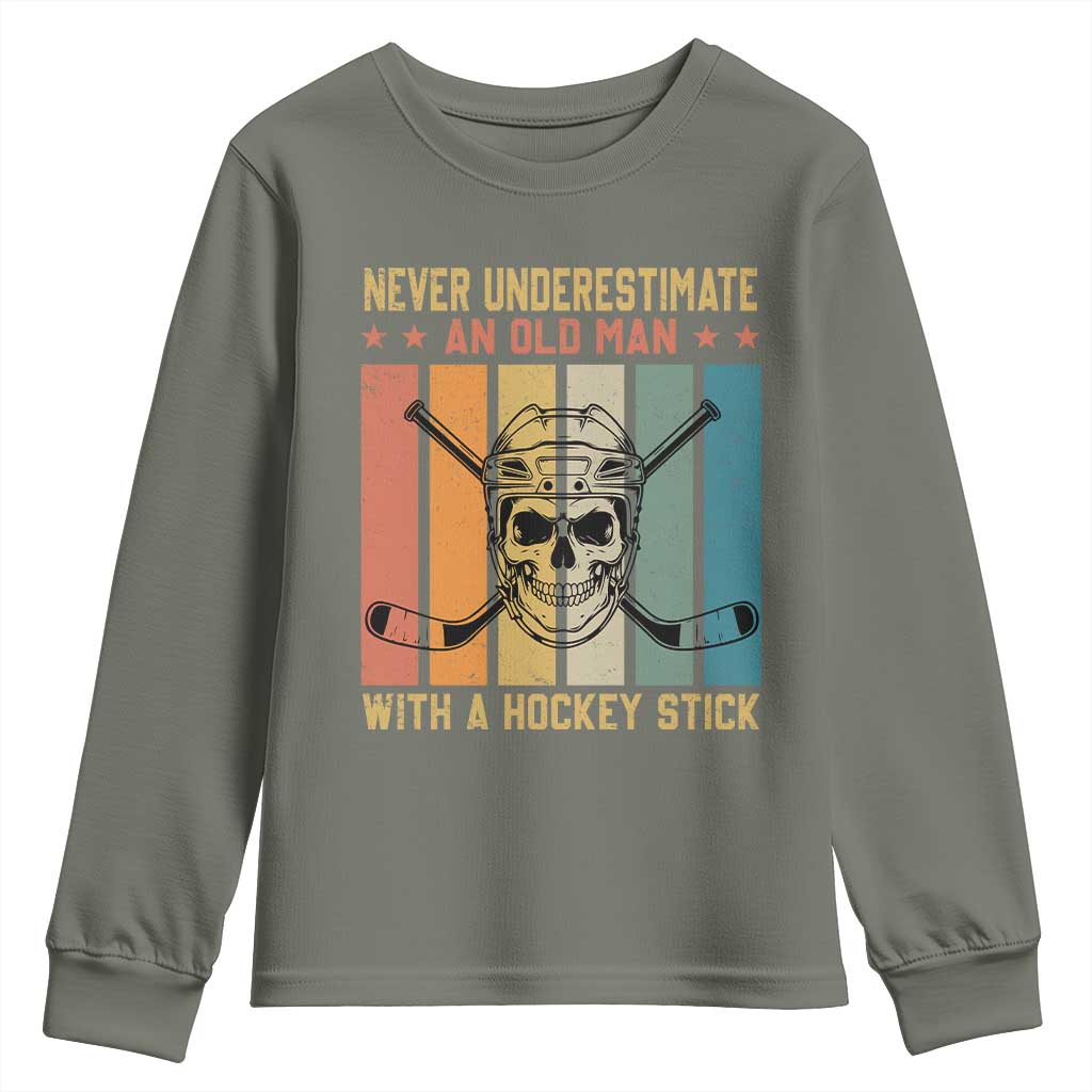 Retro Ice Hockey Player Youth Sweatshirt Funny Never Underestimate An Old Man - Wonder Print Shop
