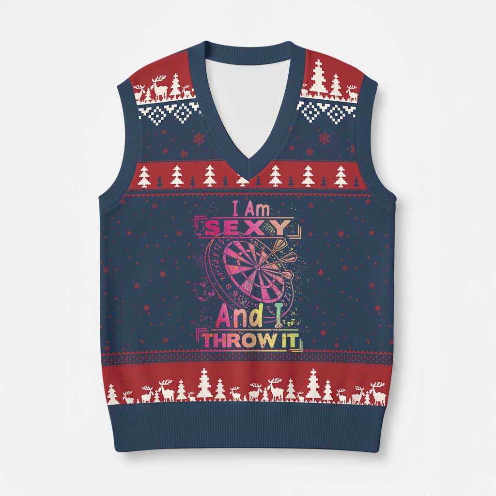 I Am Sexy And I Throw It V-Neck Knit Sweater Vest Sexy Dart Player Gift - Wonder Print Shop