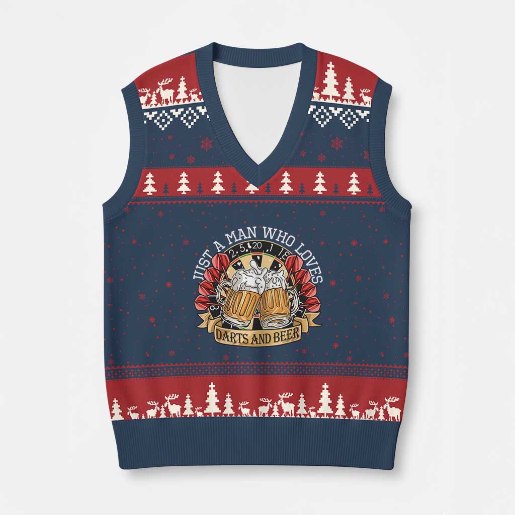 Just A Man Who Loves Darts And Beer V-Neck Knit Sweater Vest Funny Dart Player - Wonder Print Shop