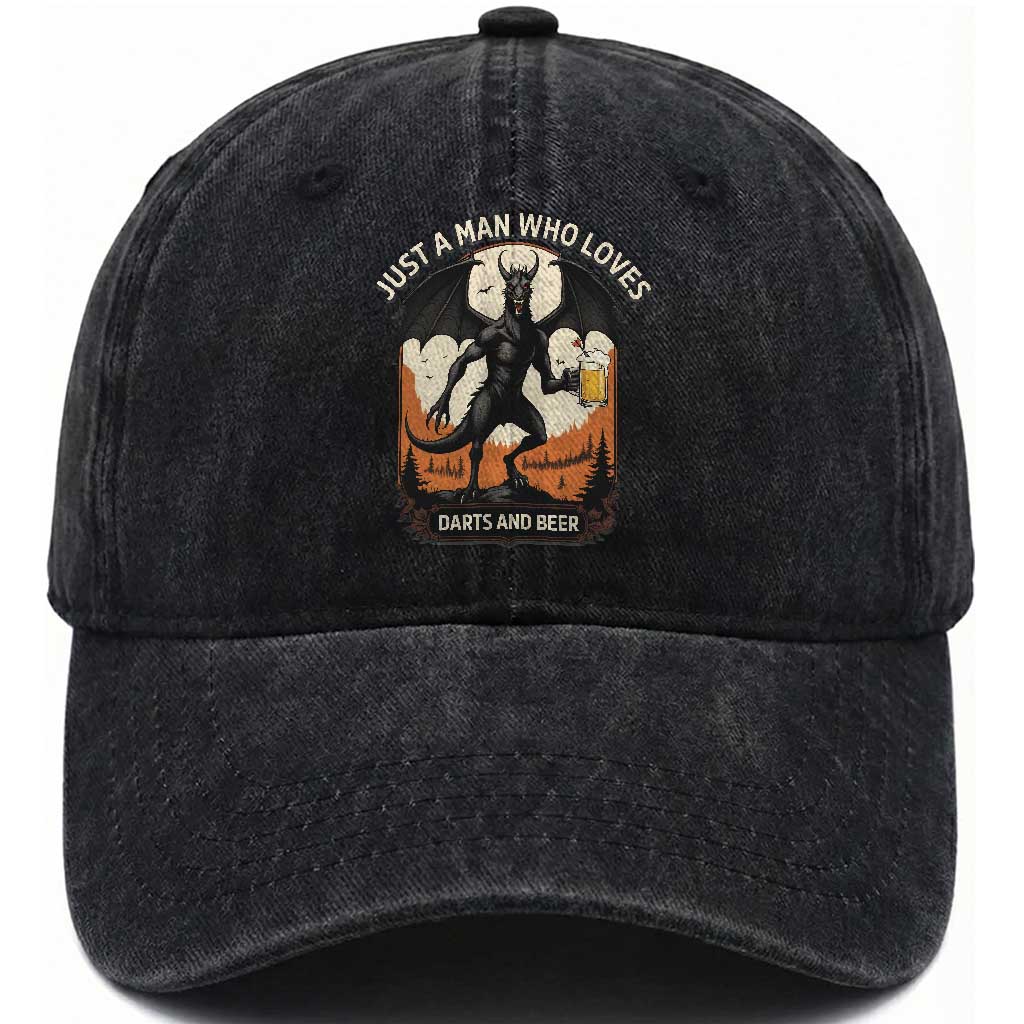 Funny Jersey Devil Loves Darts And Beer Washed Cotton Baseball Cap Cryptid Lover Gift