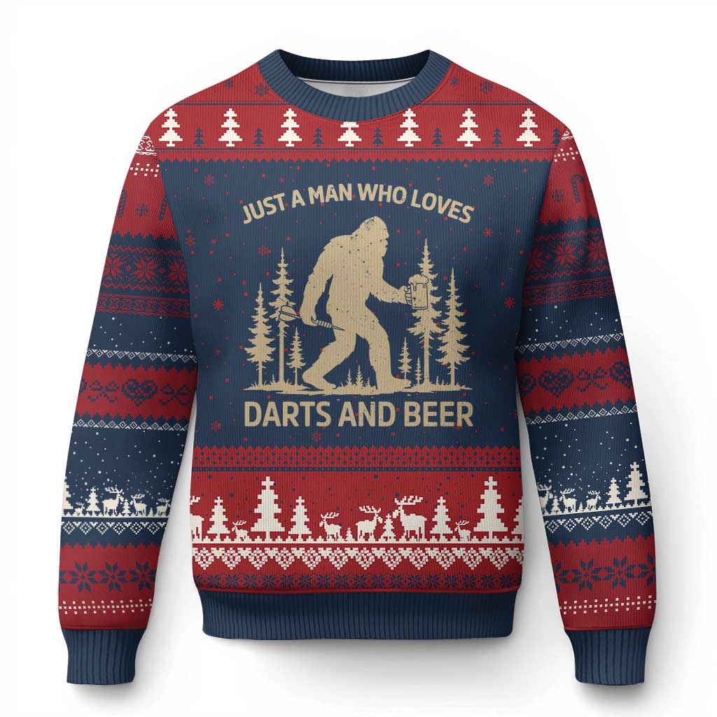 Funny Bigfoot Just A Man Who Loves Darts And Beer Gift Ugly Christmas Sweater - Wonder Print Shop