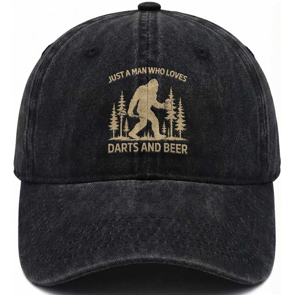 Funny Bigfoot Just A Man Who Loves Darts And Beer Gift Washed Cotton Baseball Cap