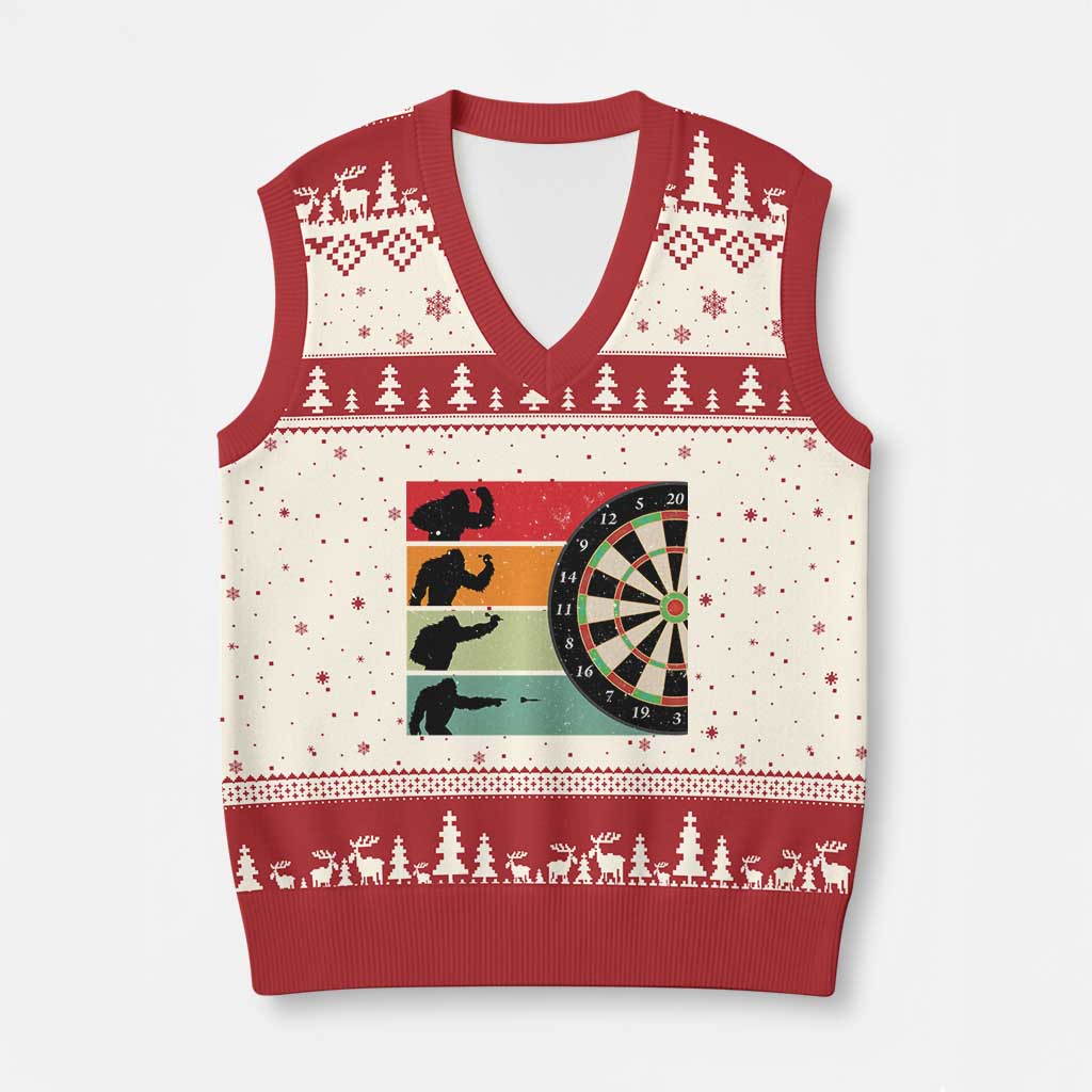 Funny Bigfoot Dart Player Crytid Sunset Retro Vintage V-Neck Knit Sweater Vest Dartist Gift - Wonder Print Shop