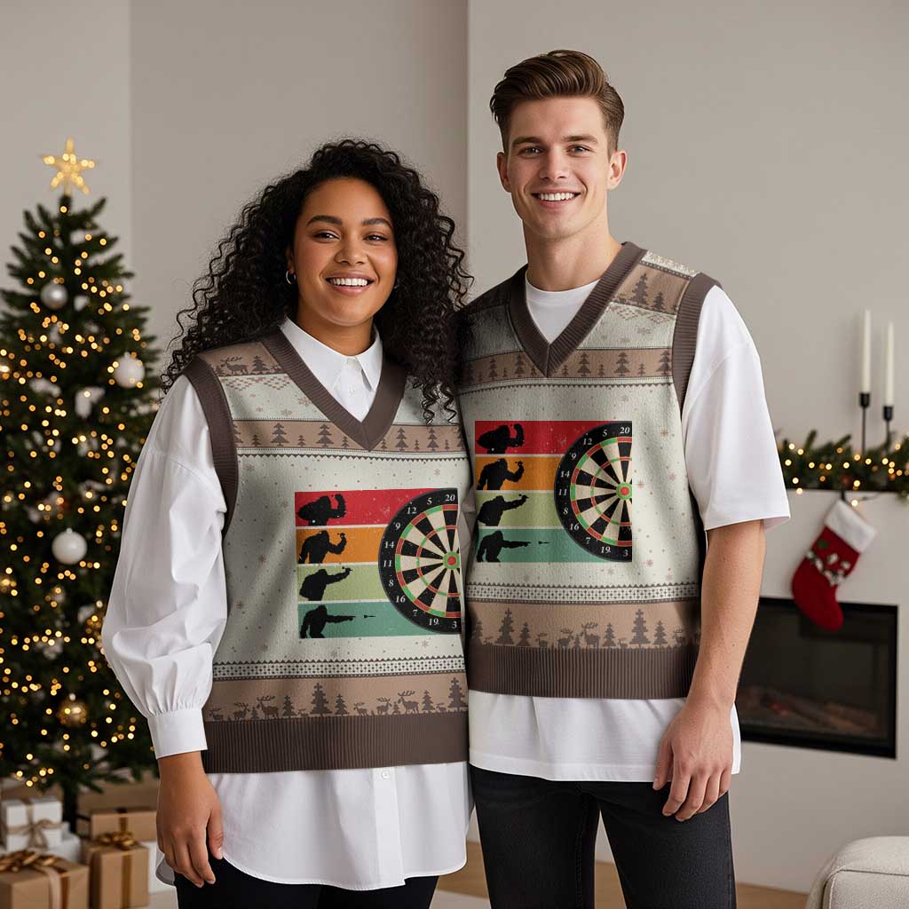 Funny Bigfoot Dart Player Crytid Sunset Retro Vintage V-Neck Knit Sweater Vest Dartist Gift - Wonder Print Shop