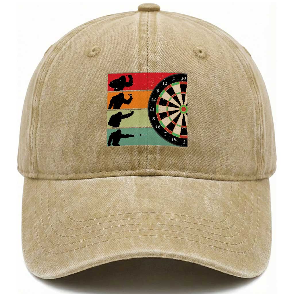 Funny Bigfoot Dart Player Crytid Sunset Retro Vintage Washed Cotton Baseball Cap Dartist Gift