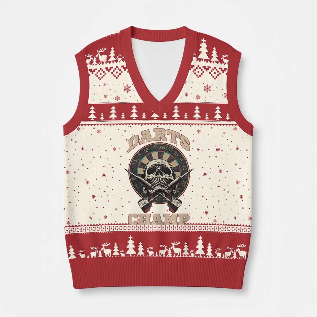 Darts Player Champion V-Neck Knit Sweater Vest Skull Dartboard Retro Style - Wonder Print Shop
