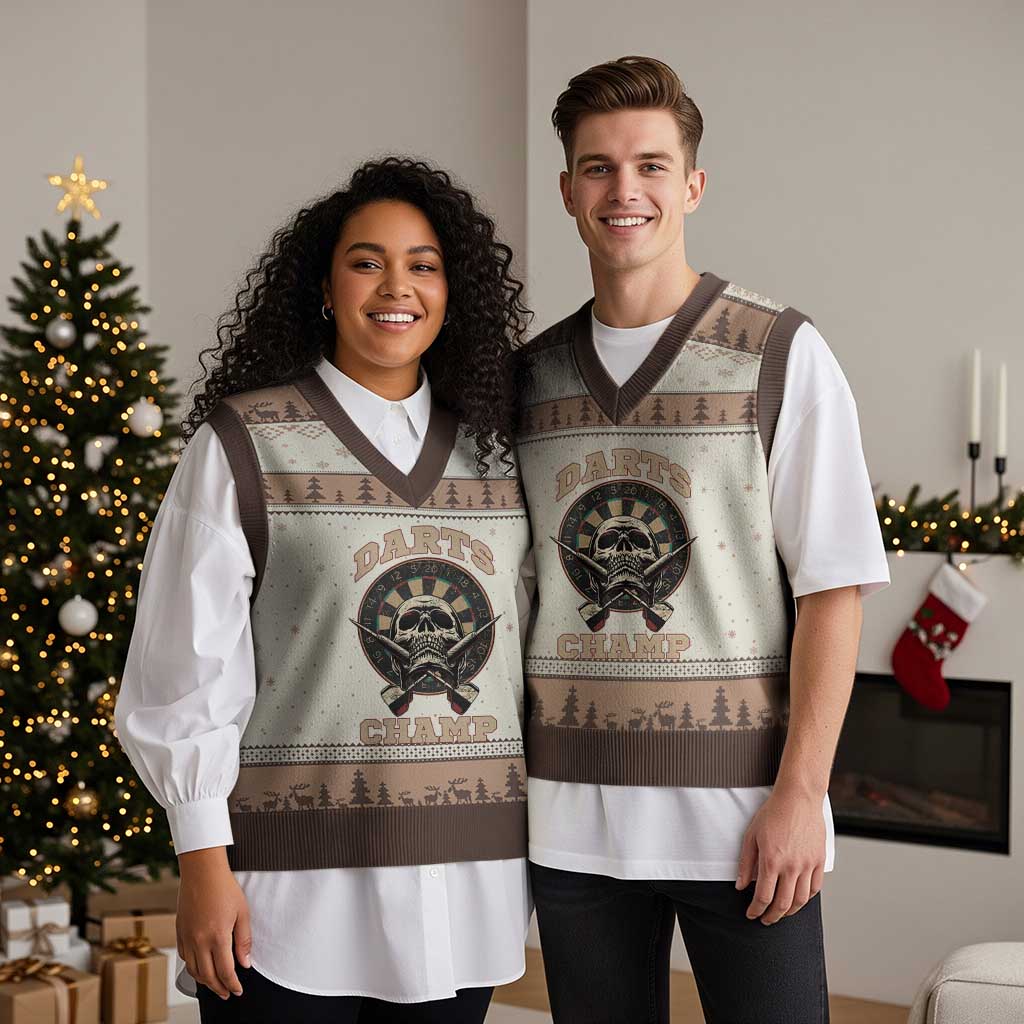 Darts Player Champion V-Neck Knit Sweater Vest Skull Dartboard Retro Style - Wonder Print Shop