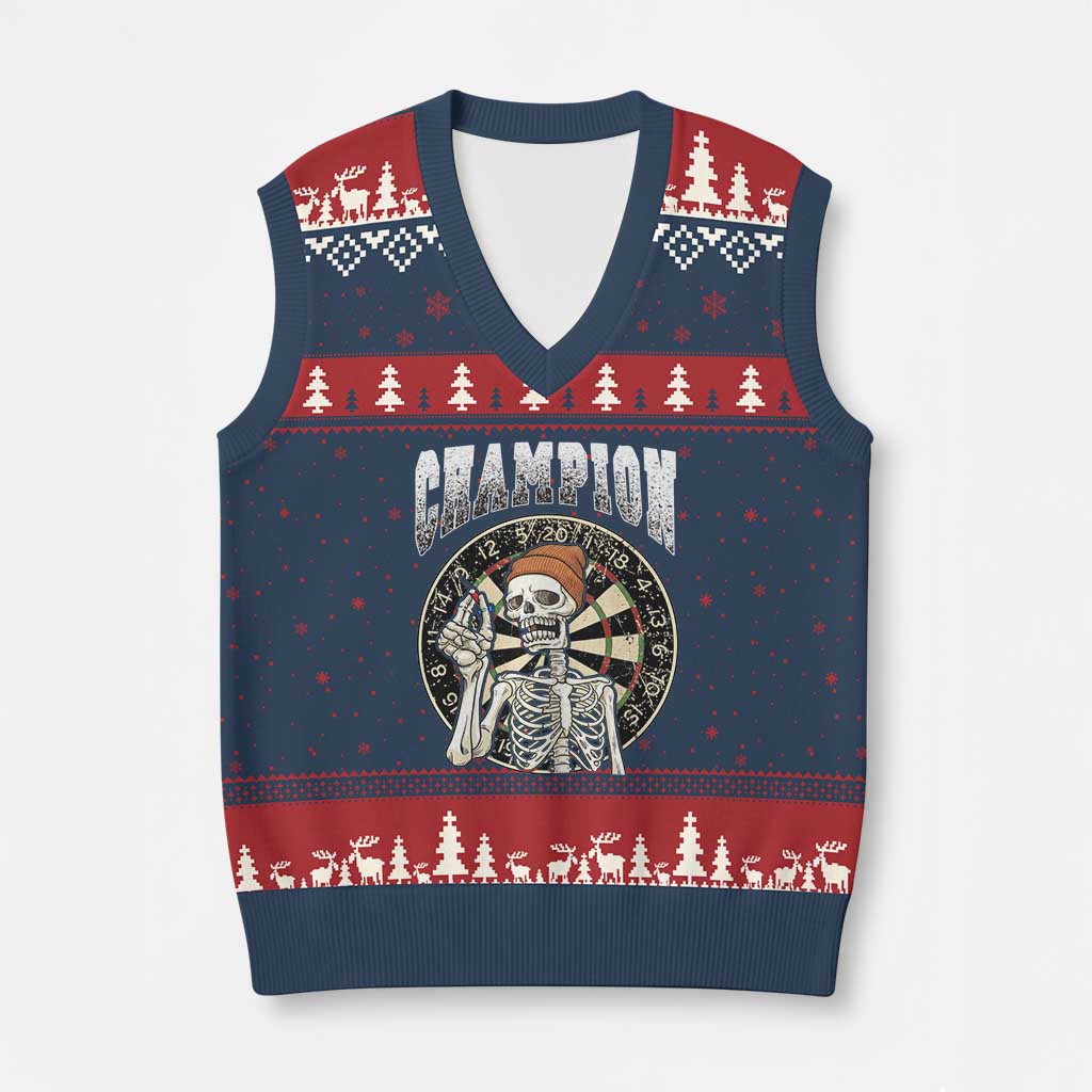 Gothic Skull Dart Master V-Neck Knit Sweater Vest Funny Skeleton Dartboard Champion Gift - Wonder Print Shop
