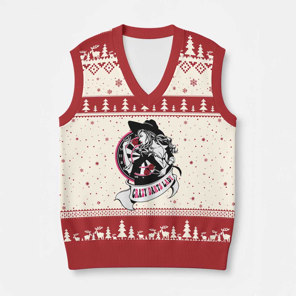 Funny Crazy Darts Lady V-Neck Knit Sweater Vest Coolest Girls Play Darts - Wonder Print Shop