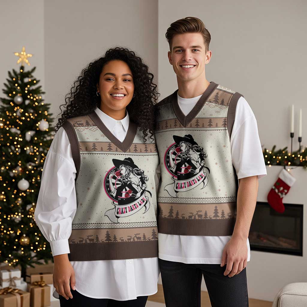 Funny Crazy Darts Lady V-Neck Knit Sweater Vest Coolest Girls Play Darts - Wonder Print Shop