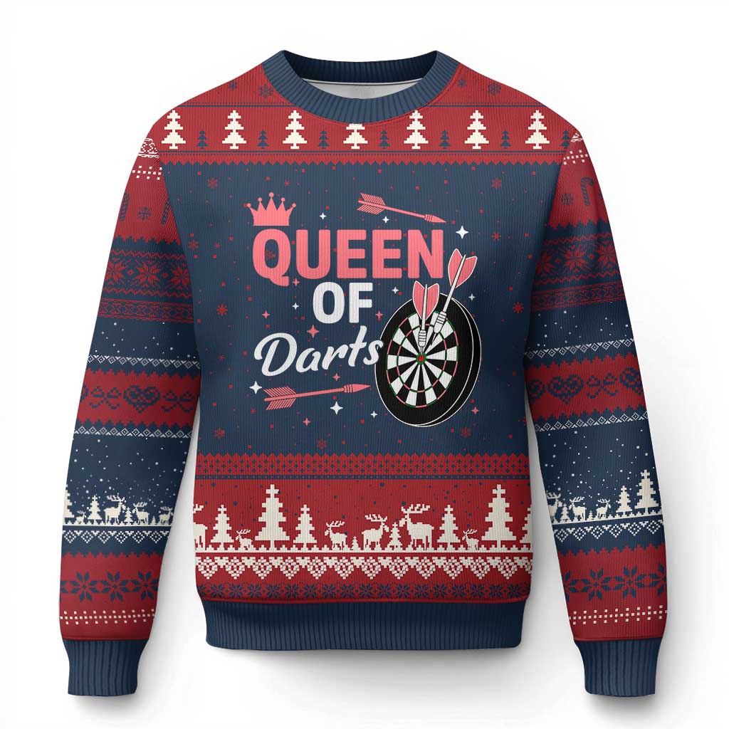 Queen Of Darts Bullseye Shooter Ugly Christmas Sweater Female Dartist Gift - Wonder Print Shop