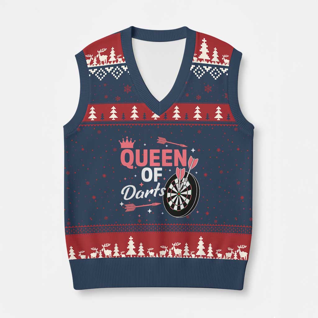 Queen Of Darts Bullseye Shooter V-Neck Knit Sweater Vest Female Dartist Gift - Wonder Print Shop