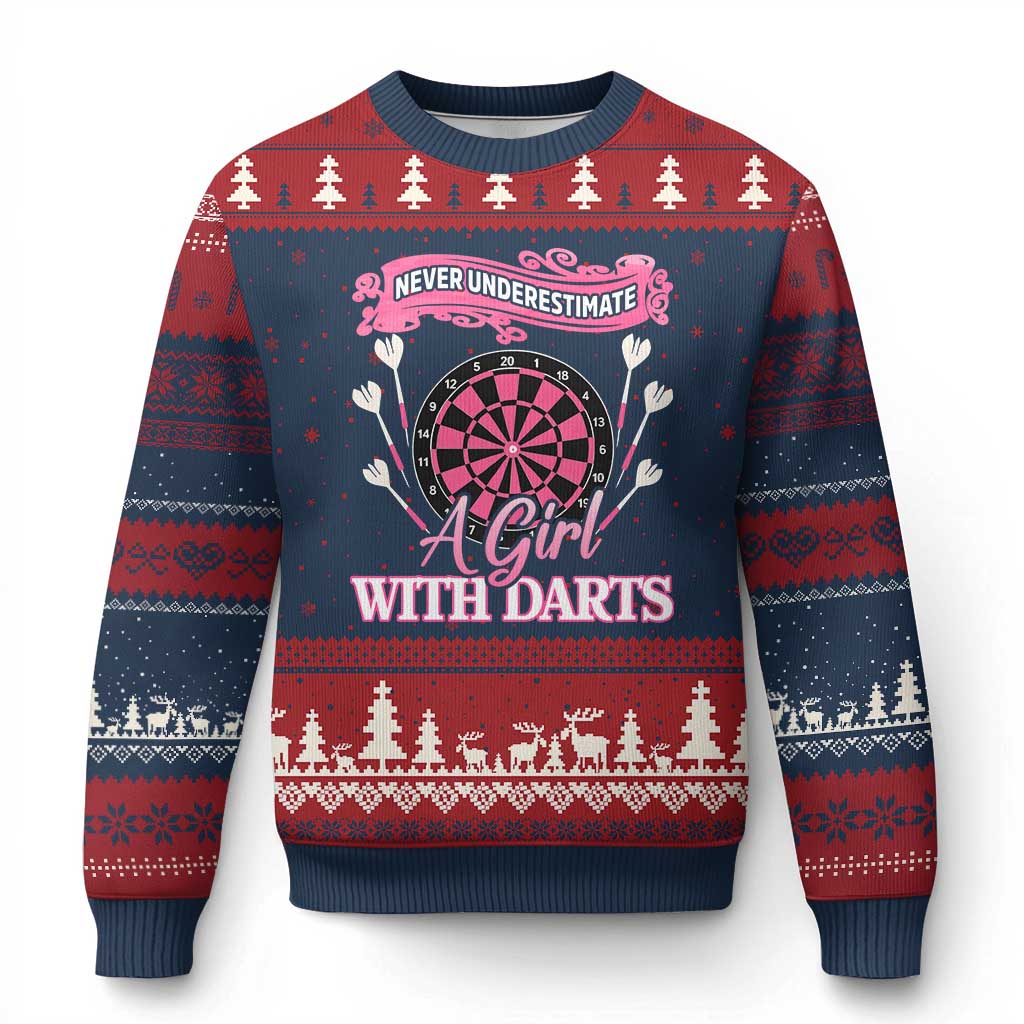 Never Underestimate A Girl Dart Player Gift Idea Ugly Christmas Sweater - Wonder Print Shop